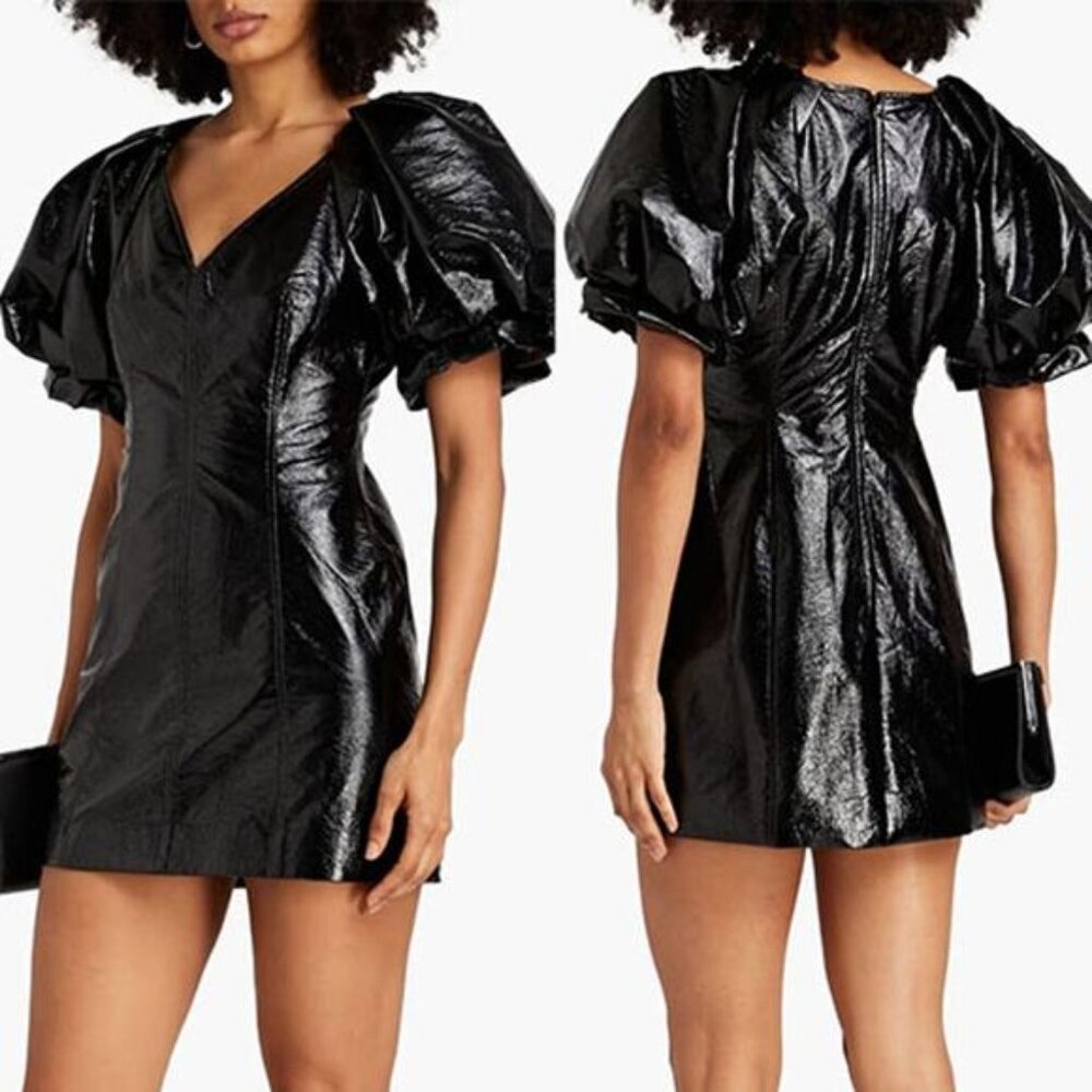 NWT A.L.C. Park Crinkled Faux Leather Puff Sleeve Lined Mini Dress Black Size: 0